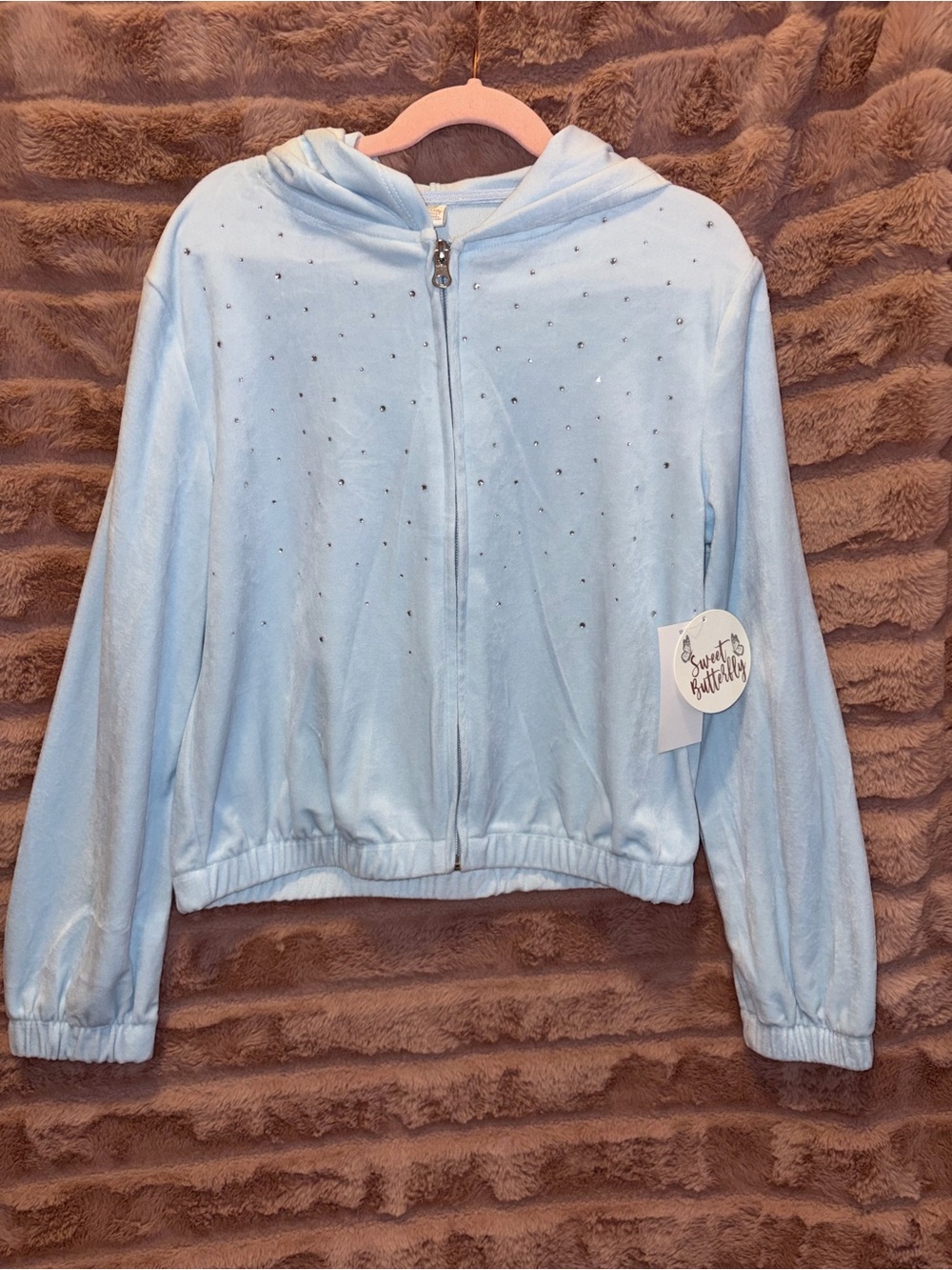 Girls' Light Blue Hooded Zip-Up Jacket with Sparkle Accents